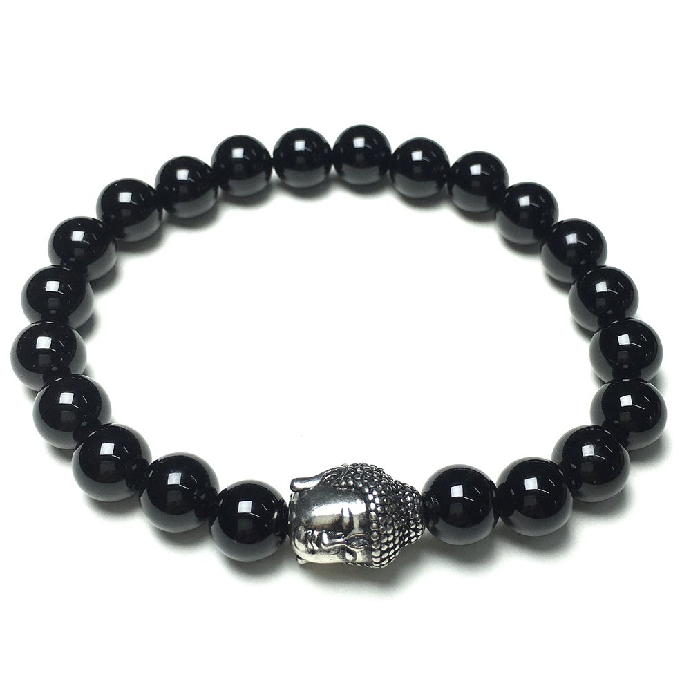 Black Onyx Gemstone with Buddha Head Charm Handmade Elastic Bracelet