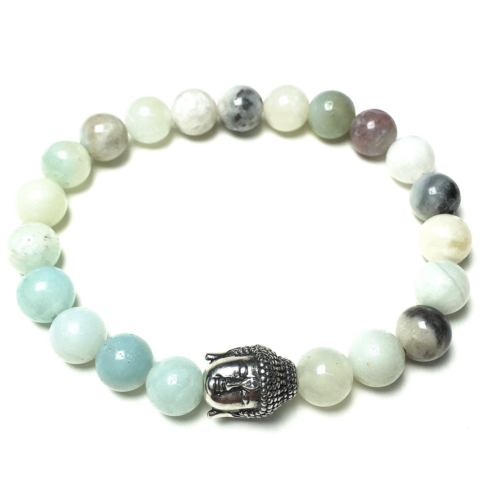 Amazonite Gemstone with Buddha Head Charm Handmade Elastic Bracelet