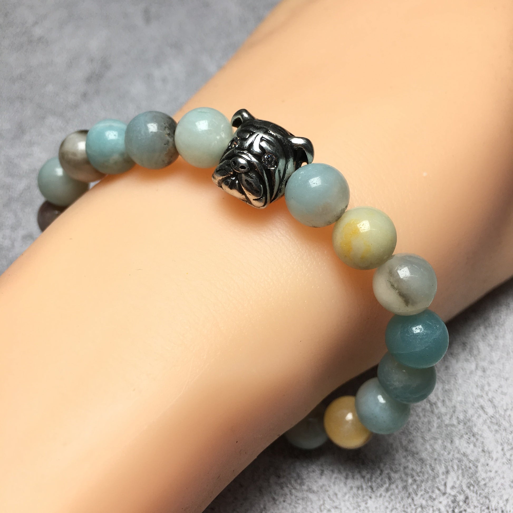 Amazonite Gemstone Beaded Bracelet Elastic Adjustable Bracelet Bulldog Style