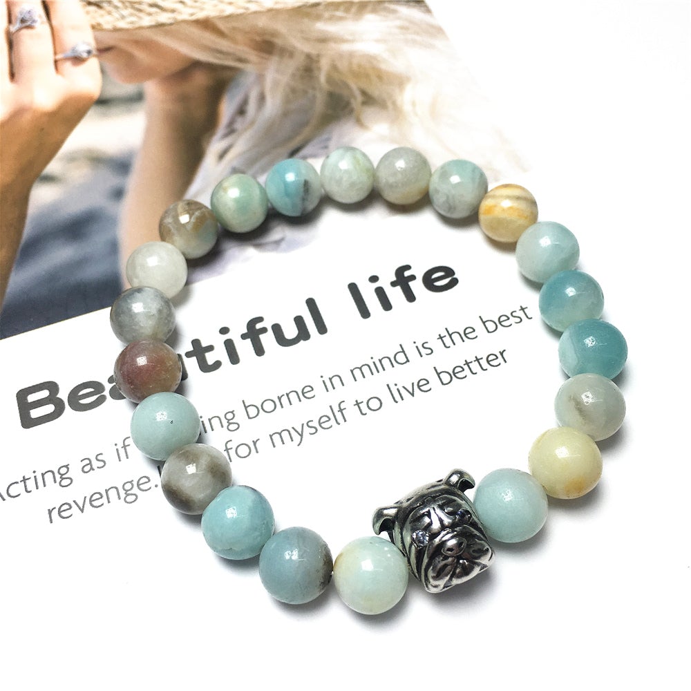 Amazonite Gemstone Beaded Bracelet Elastic Adjustable Bracelet Bulldog Style