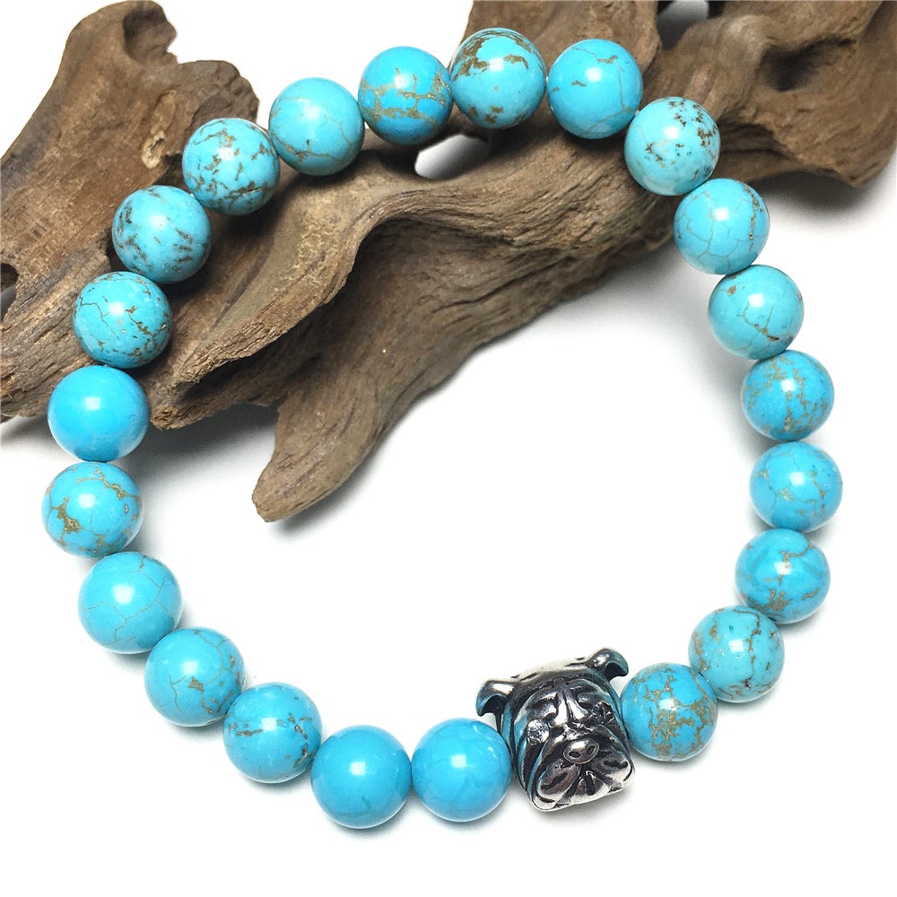 Blue Turquoise Gemstone Beaded Bracelet Elastic Adjustable Bracelet Bulldog Style