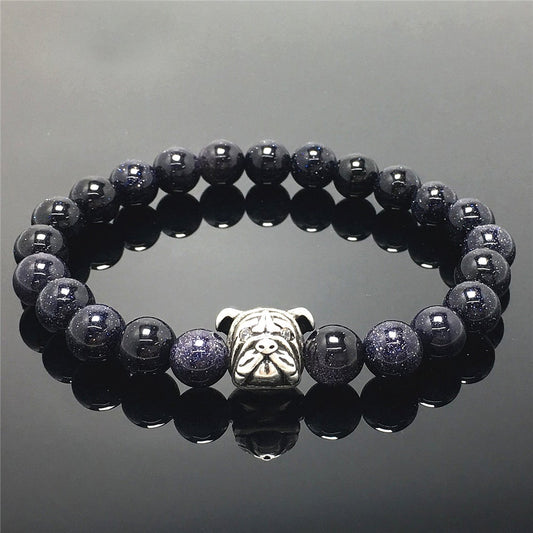 Blue Sandstone Gemstone Beaded Bracelet Elastic Adjustable Bracelet Bulldog Design