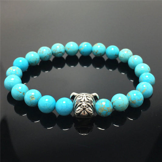 Blue Turquoise Gemstone Beaded Bracelet Elastic Adjustable Bracelet Bulldog Style