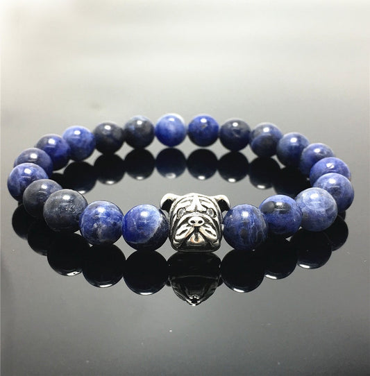 Blue Sodalite Gemstone Beaded Bracelet Elastic Adjustable Bracelet Bulldog Design