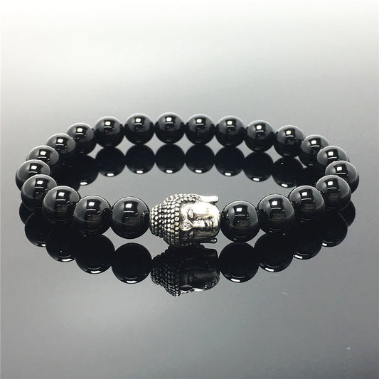 Black Onyx Gemstone with Buddha Head Charm Handmade Elastic Bracelet
