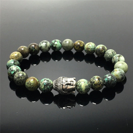 African Turqoiuse Gemstone with Buddha Head Charm Handmade Elastic Bracelet