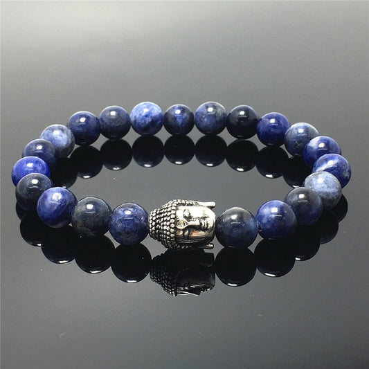 Sodalite Gemstone with Buddha Head Charm Handmade Elastic Bracelet
