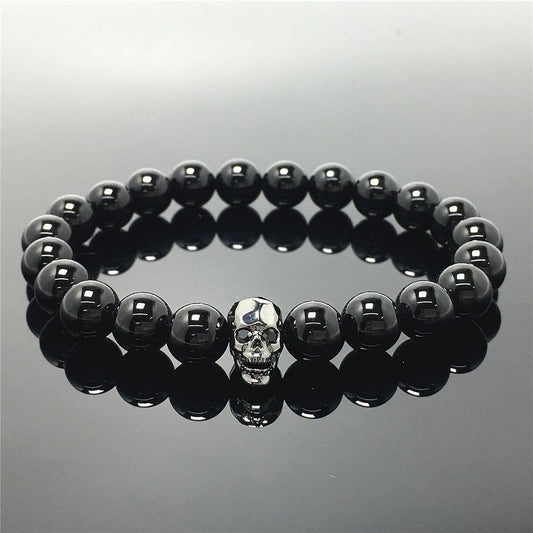 Black Only Gemstone Skull Pendant Handmade Beaded Bracelet