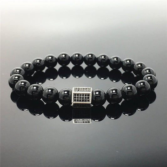 Black Striped CZ Charms Black Onyx Stone Beads Elastic Rope Handmade Bracelets