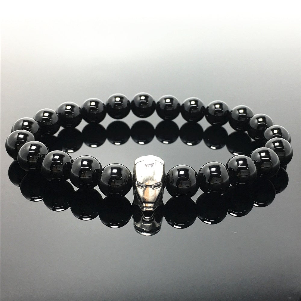 Black Onyx Beads with Super Hero Iron Man Bracelet  Elastic Handmade Jewelry Accessories