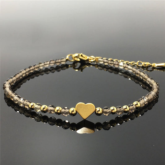 Smoky Quartz Gemstone Adjustable tiny Beads Gemstone Bracelet with Love Heart Charm