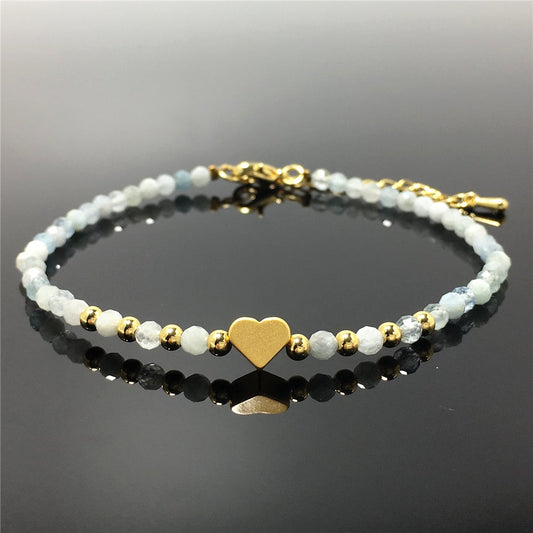 Blue Aquamarine Gemstone Adjustable tiny Beads Gemstone Bracelet with Love Heart Charm