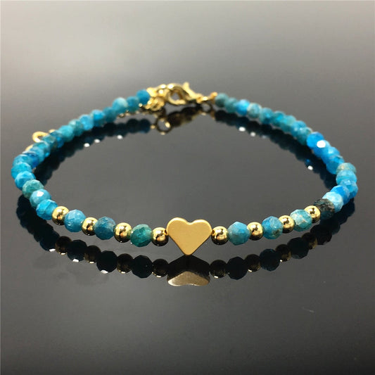 Blue Apatite Gemstone Adjustable tiny Beads Gemstone Bracelet with Love Heart Charm