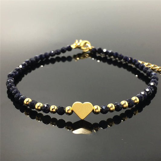 Blue Sandstone Gemstone Adjustable Tiny Beads Gemstone Bracelet with Love Heart Charm