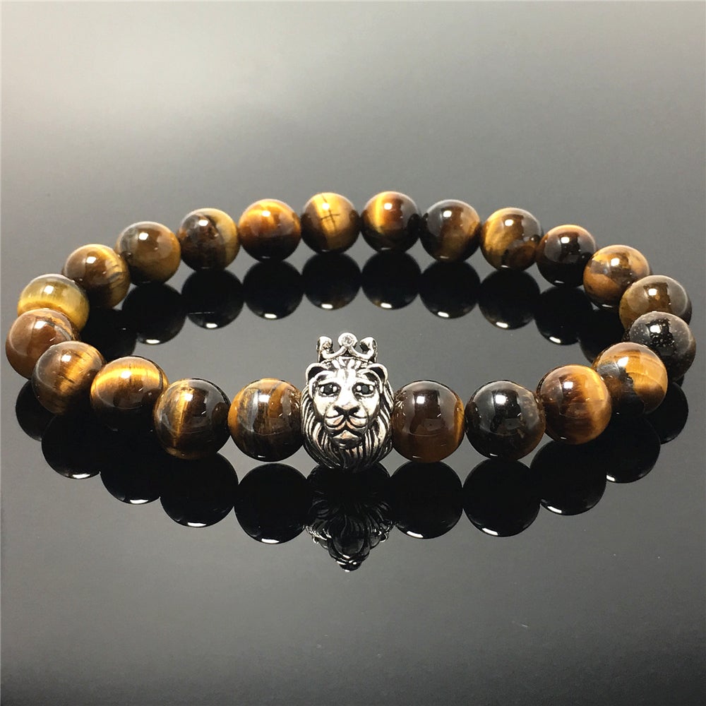 Lion King Design Tiger Eye Gemstone Beaded Adjustable Bracelet 