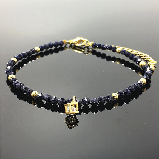 Blue Sandstone Gemstone with Rhinestone Cubic Charm Adjustable Tiny Gemstone Beads Bracelet