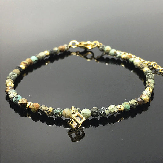 African Turquoise Gemstone with Rhinestone Cubic Charm Adjustable Tiny Gemstone Beads Bracelet