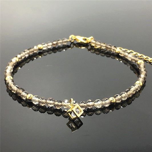 Smoky Quartz Gemstone with Rhinestone Cubic Charm Adjustable Tiny Gemstone Beads Bracelet