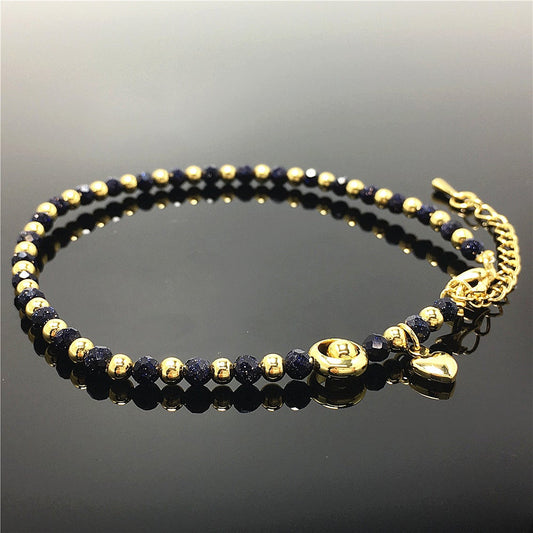 Blue Sandstone Gemstone Adjustable Bracelet Tiny Beads Gemstone Bracelet with Love Heart Charm