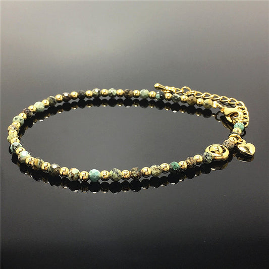 African Turquoise Gemstone Adjustable Bracelet Tiny Beads Gemstone Bracelet with Love Heart Charm