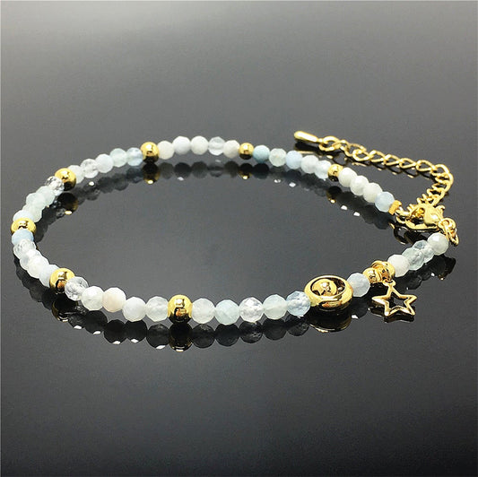 Aquamarine Gemstone Adjustable Tiny Beads Gemstone Bracelet with Love Heart Charm