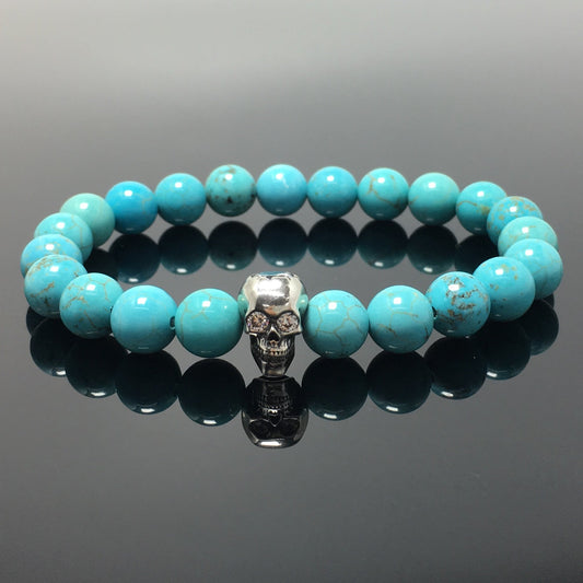 Blue Turqouise Stretch Bracelet Round Beads Semi Precious Gemstone Elastic Beaded Bracelet