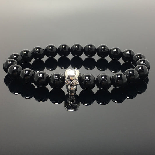 Black Onyx Stretch Bracelet Natural Round Beads Semi Precious Gemstone Elastic Beaded Bracelet