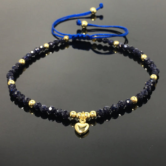 Blue Sandstone Gemstone Braid Rope Macrame Adjustable Bracelet Tiny Beads Gemstone Bracelet with Love Heart Charm