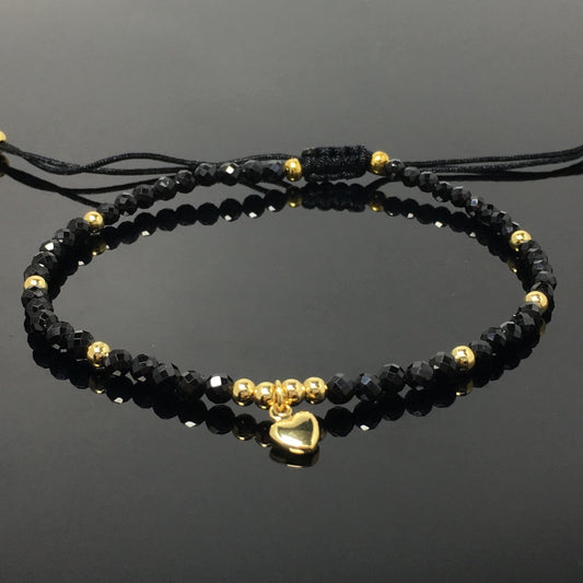 Black Spinel Gemstone Braid Rope Macrame Adjustable Bracelet Tiny Beads Gemstone Bracelet with Love Heart Charm
