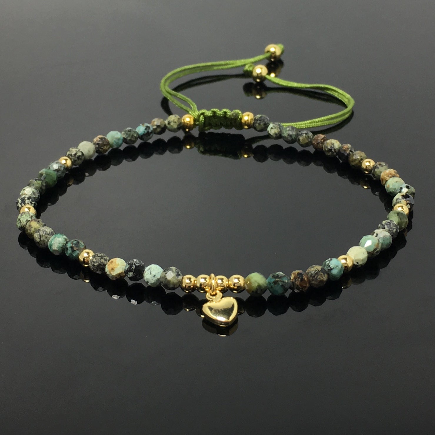 African Turquoise Gemstone Braid Rope Macrame Adjustable Bracelet Tiny Beads Gemstone Bracelet with Love Heart Charm