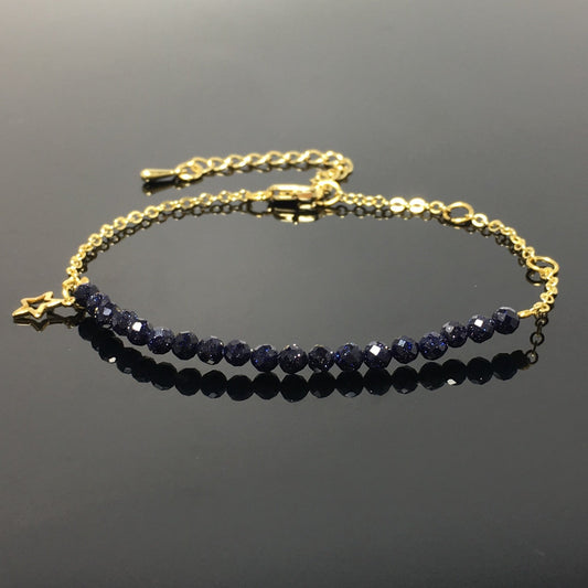 Blue Sandstone Gemstone Adjustable Bracelet Tiny Beads Gemstone Gold Plated Chain Linked Bracelet for Women