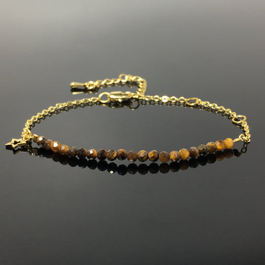 Tiger Eyes Gemstone Adjustable Bracelet Tiny Beads Gemstone Gold Plated Chain Linked Bracelet for Women