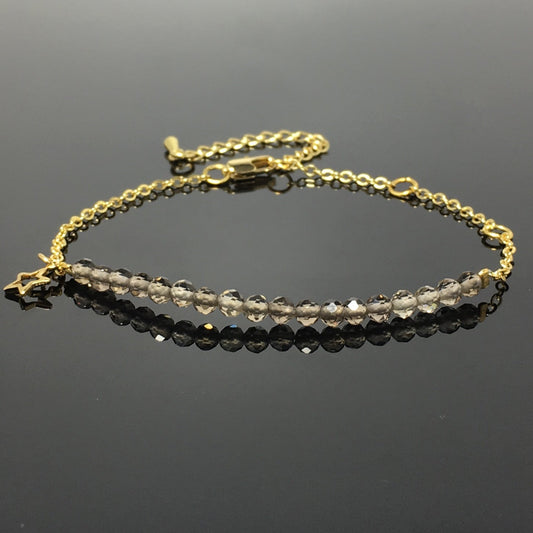 Smoky Quartz Gemstone Adjustable Bracelet Tiny Beads Gemstone Gold Plated Chain Linked Bracelet for Women