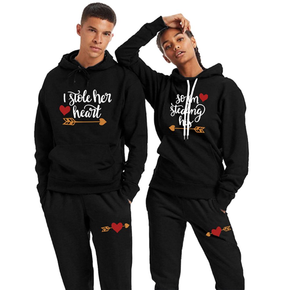 Fashion Couple Printed Hooded Clothes and Pants I Stole Your Heart Men's Ladies Printed Everyday Casual Sports Jogging Wear