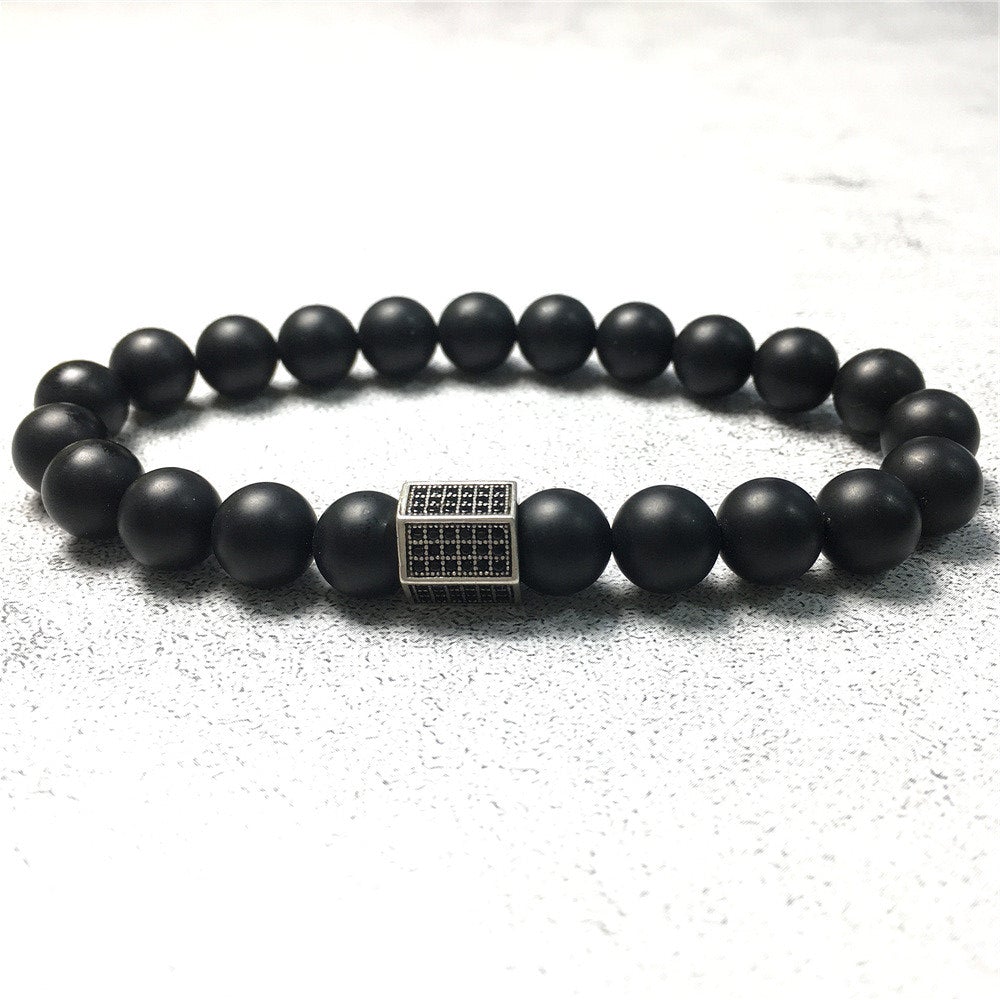 Black Matte Onyx Stone Beads with Black Striped CZ Charms Elastic Rope Handmade Bracelets