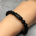 Black Matte Onyx Stone Beads with Black Striped CZ Charms Elastic Rope Handmade Bracelets
