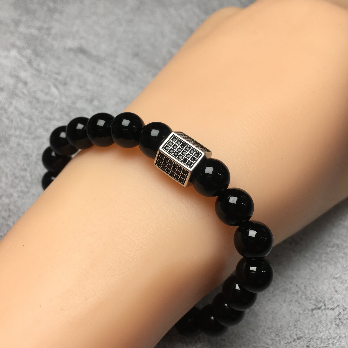 Black Striped CZ Charms Black Onyx Stone Beads Elastic Rope Handmade Bracelets