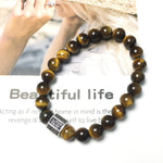Black Striped CZ Charms Tiger Eye Stone Beads Elastic Rope Handmade Bracelets