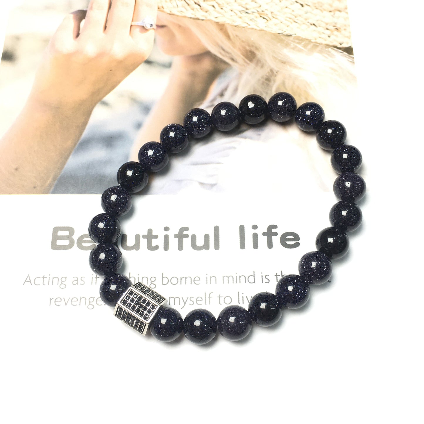 Black Striped CZ Charms Blue Sandstone Stone Beads Elastic Rope Handmade Bracelets