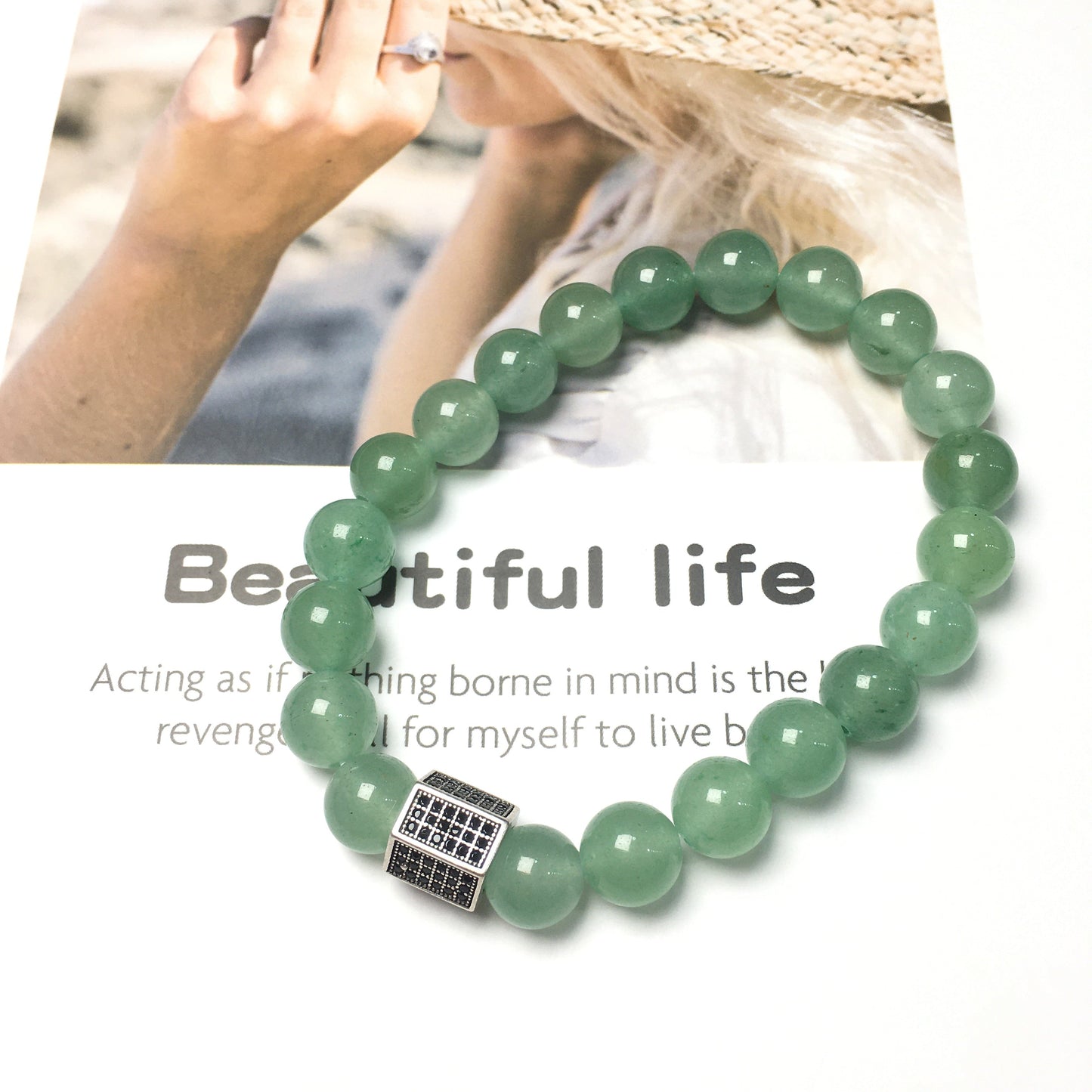 Black Striped CZ Charms Green Adventurine Stone Beads Elastic Rope Handmade Bracelets