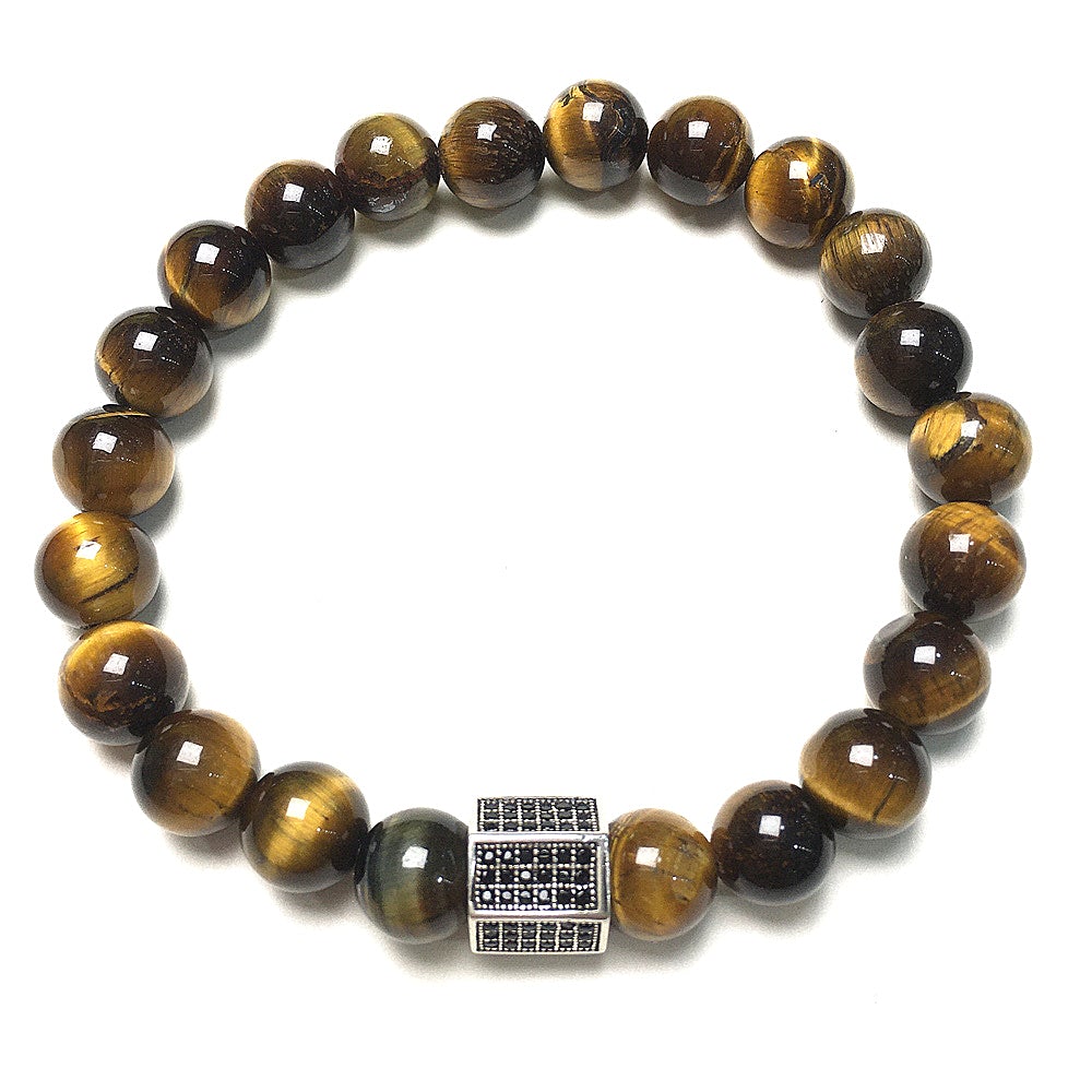 Black Striped CZ Charms Tiger Eye Stone Beads Elastic Rope Handmade Bracelets