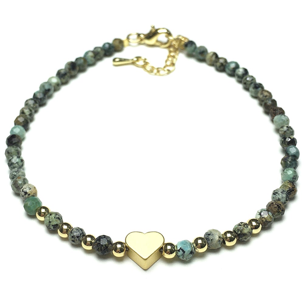 African Turquoise Gemstone Adjustable Tiny Beads Gemstone Bracelet with Love Heart Charm