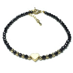 Black Spinel Gemstone Adjustable Beaded Bracelet with Love Heart Charm