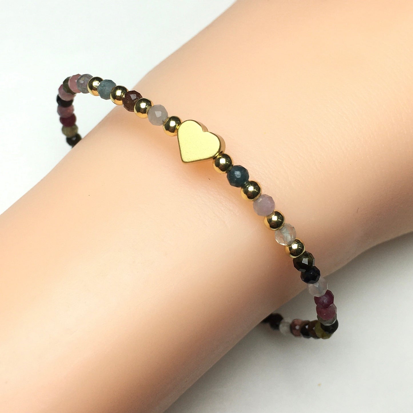 Tourmaline Gemstone Adjustable tiny Beads Gemstone Bracelet with Love Heart Charm