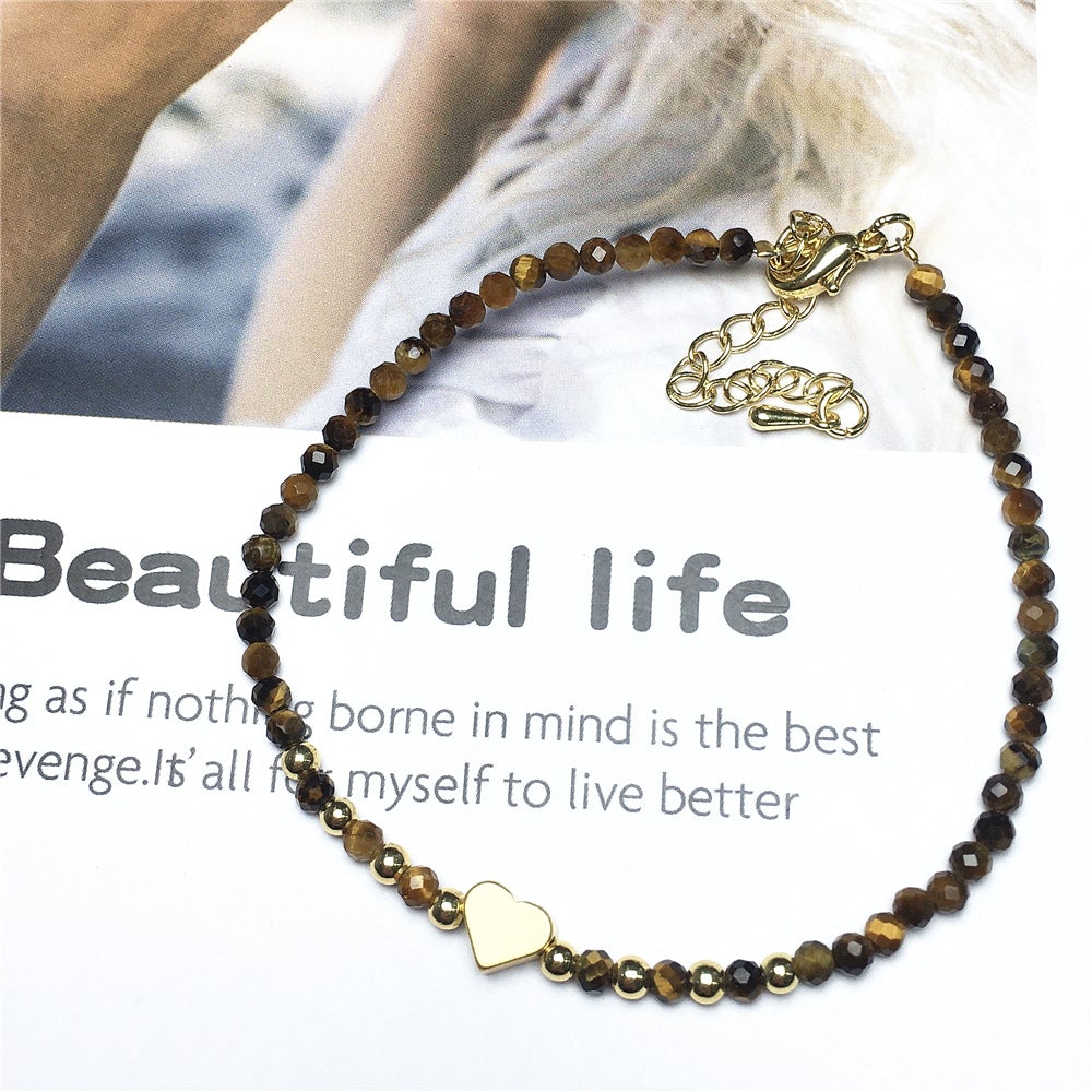 Tiger Eyes Gemstone Adjustable Tiny Beads Gemstone Bracelet with Love Heart Charm
