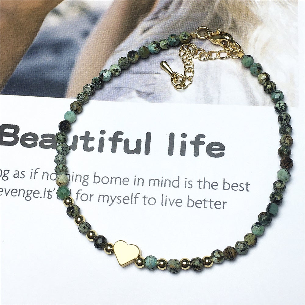 African Turquoise Gemstone Adjustable Tiny Beads Gemstone Bracelet with Love Heart Charm
