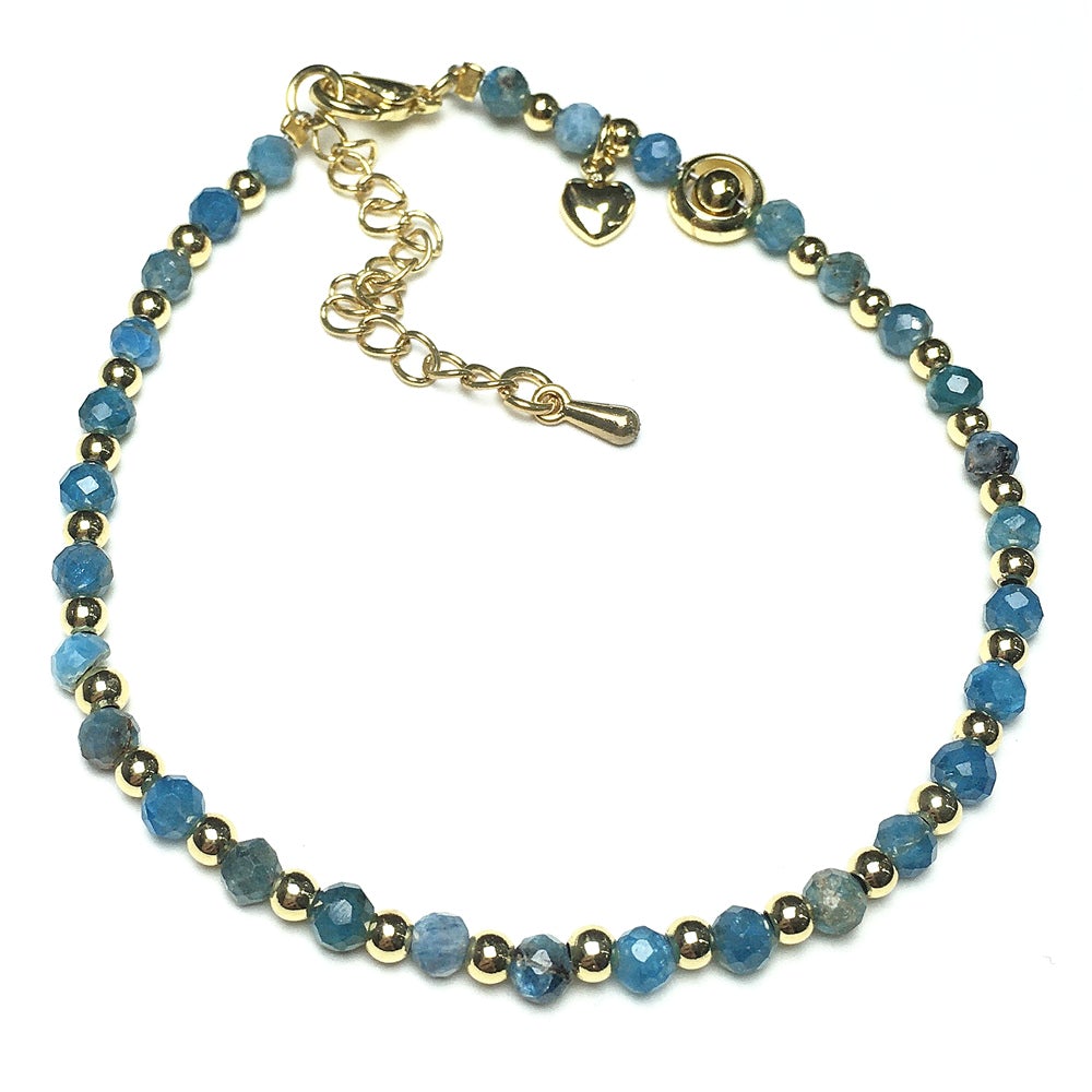 Blue Apatite Gemstone Adjustable Bracelet Tiny Beads Gemstone Bracelet with Love Heart Charm