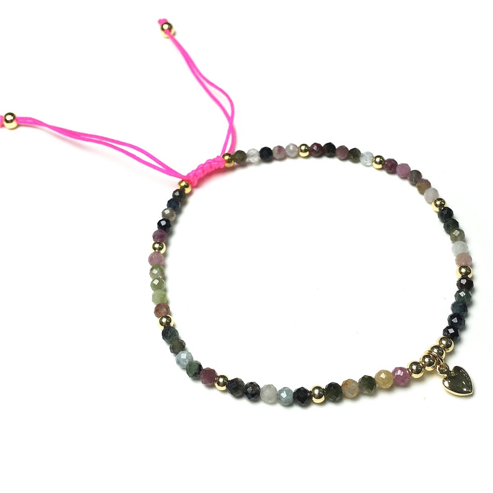 Tourmaline Gemstone Braid Rope Macrame Adjustable Bracelet Tiny Beads Gemstone Bracelet with Love Heart Charm
