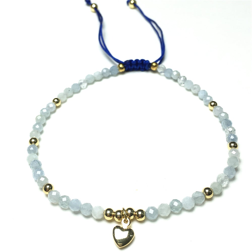 Aquamarine Gemstone Braid Rope Macrame Adjustable Bracelet Tiny Beads Gemstone Bracelet with Love Heart Charm