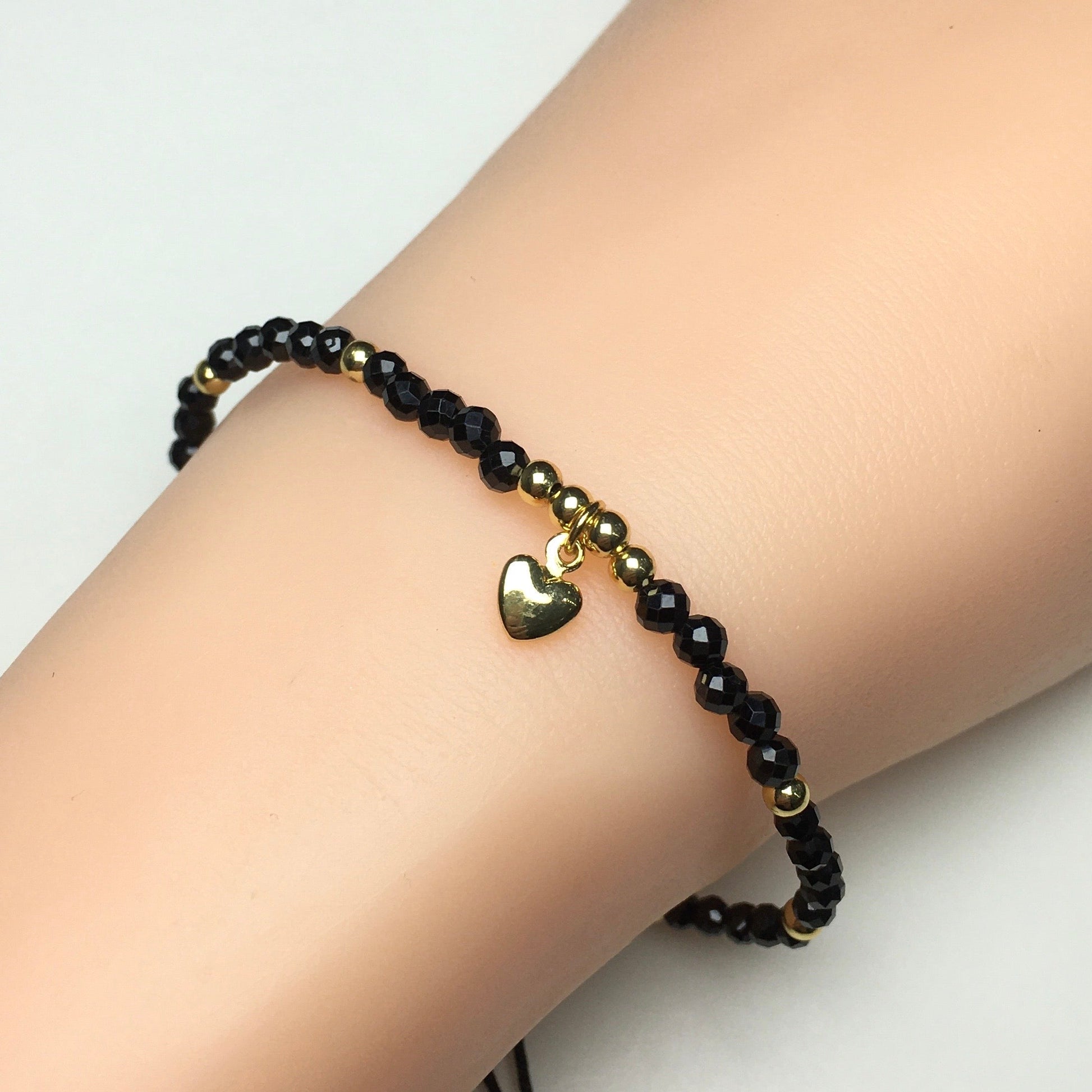 Black Spinel Gemstone Braid Rope Macrame Adjustable Bracelet Tiny Beads Gemstone Bracelet with Love Heart Charm